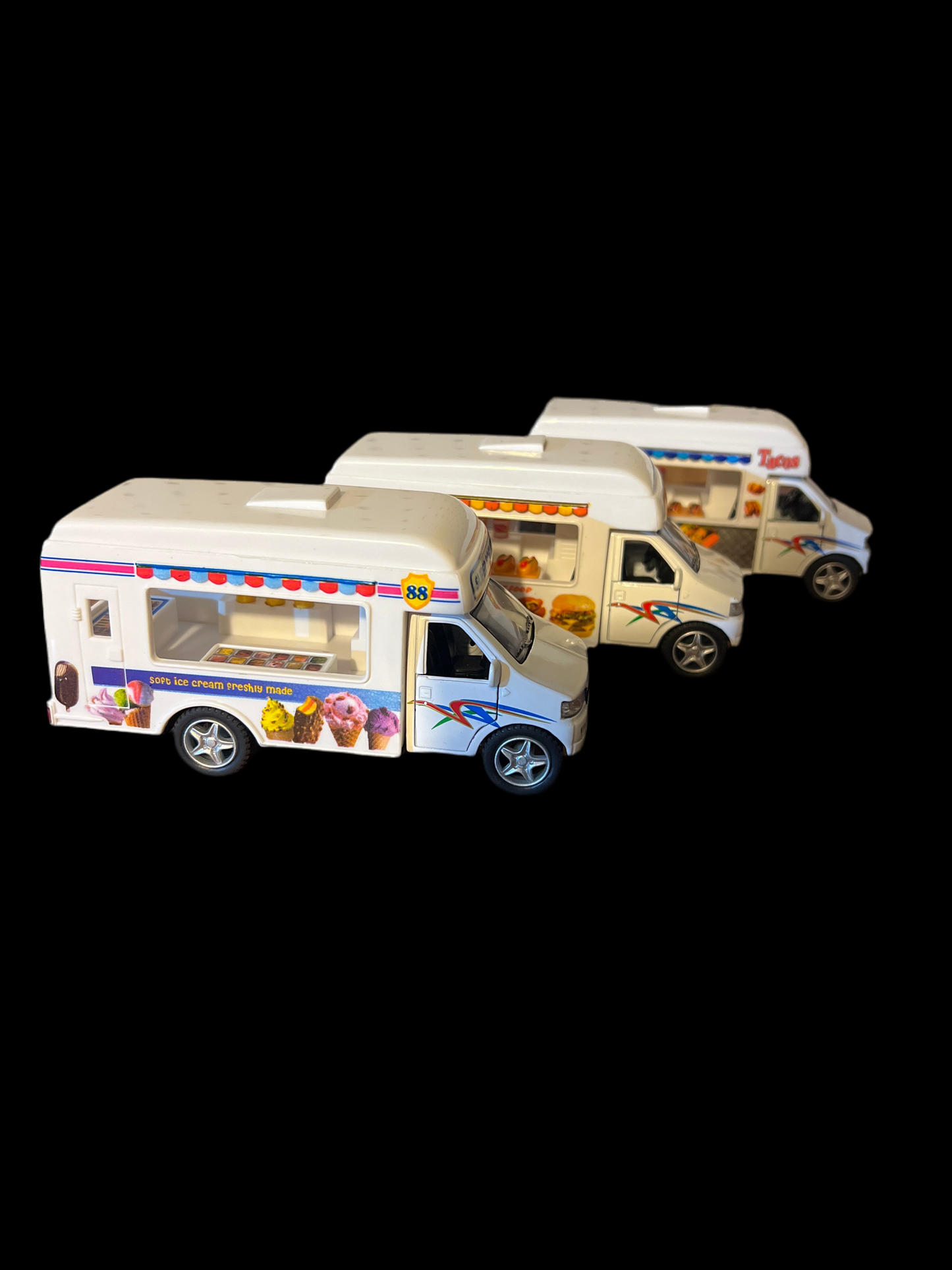 Foodie Fleet Die-Cast Food Trucks (Set of 3: Ice Cream, Hot Dogs & Burgers, Tacos)